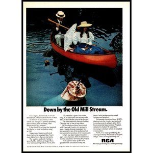 1971 RCA Environmental Improvement Vintage Print Ad Red Canoe Old Mill Stream